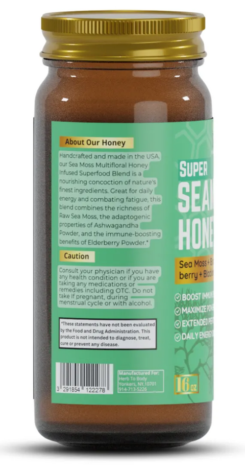 Herb To Body Super Sea Moss Honey | Multifloral Honey | Wildcrafted | 16oz